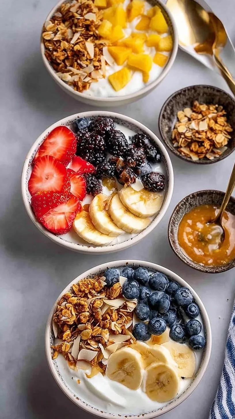 Four colorful yogurt bowls with different fruit and granola toppings