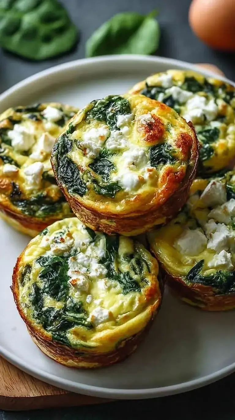 Golden brown egg muffins with green spinach and white feta cheese in a muffin tin.