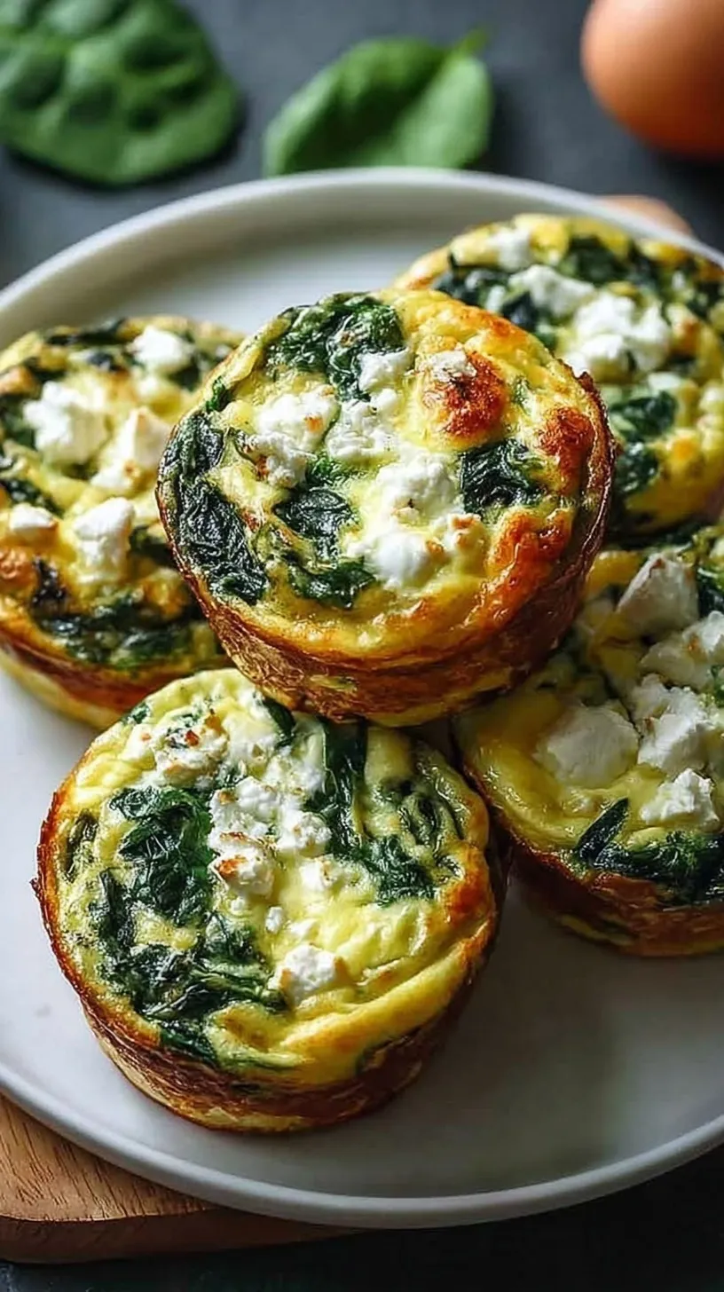 Golden brown egg muffins with green spinach and white feta cheese in a muffin tin.