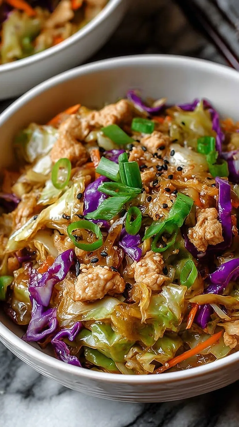 A colorful bowl of ground chicken, shredded cabbage, and green onions garnished with sesame seeds.