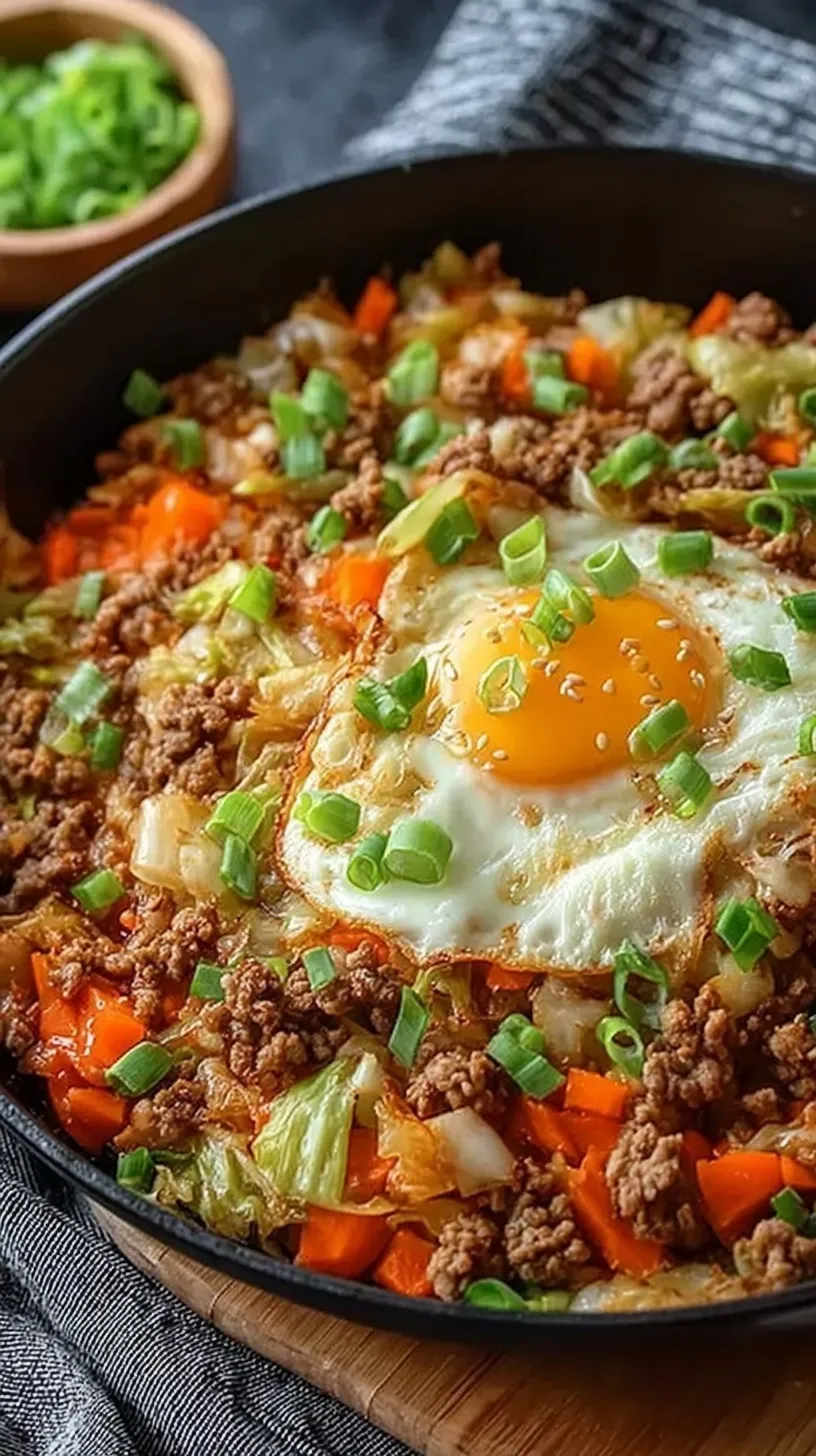 A colorful skillet filled with ground pork, shredded cabbage, and green onions representing a deconstructed egg roll.