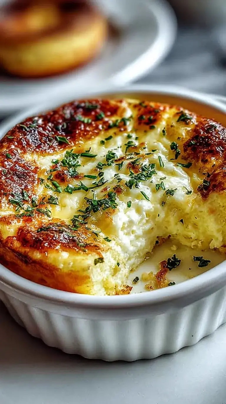 Golden and airy fluffy baked eggs garnished with fresh chives in a white baking dish.