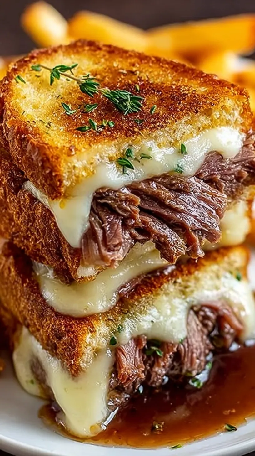 Golden brown sourdough grilled cheese sandwich being dipped into a small bowl of beef au jus