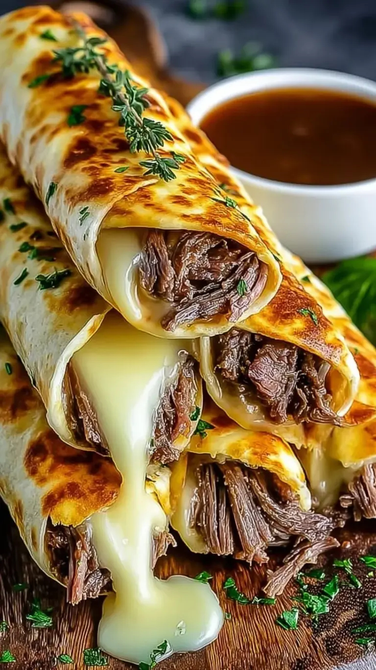Platter of sliced French Dip Tortilla Roll Ups with a small bowl of beef au jus for dipping