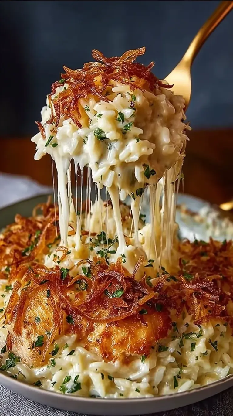 A golden brown French Onion Chicken Rice Bake in a ceramic dish with melted bubbly Gruyere cheese on top