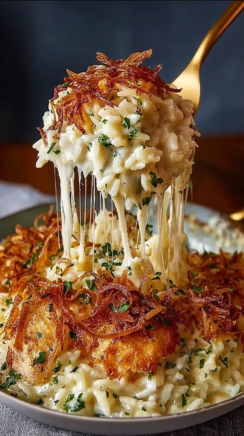 A golden brown French Onion Chicken Rice Bake in a ceramic dish with melted bubbly Gruyere cheese on top