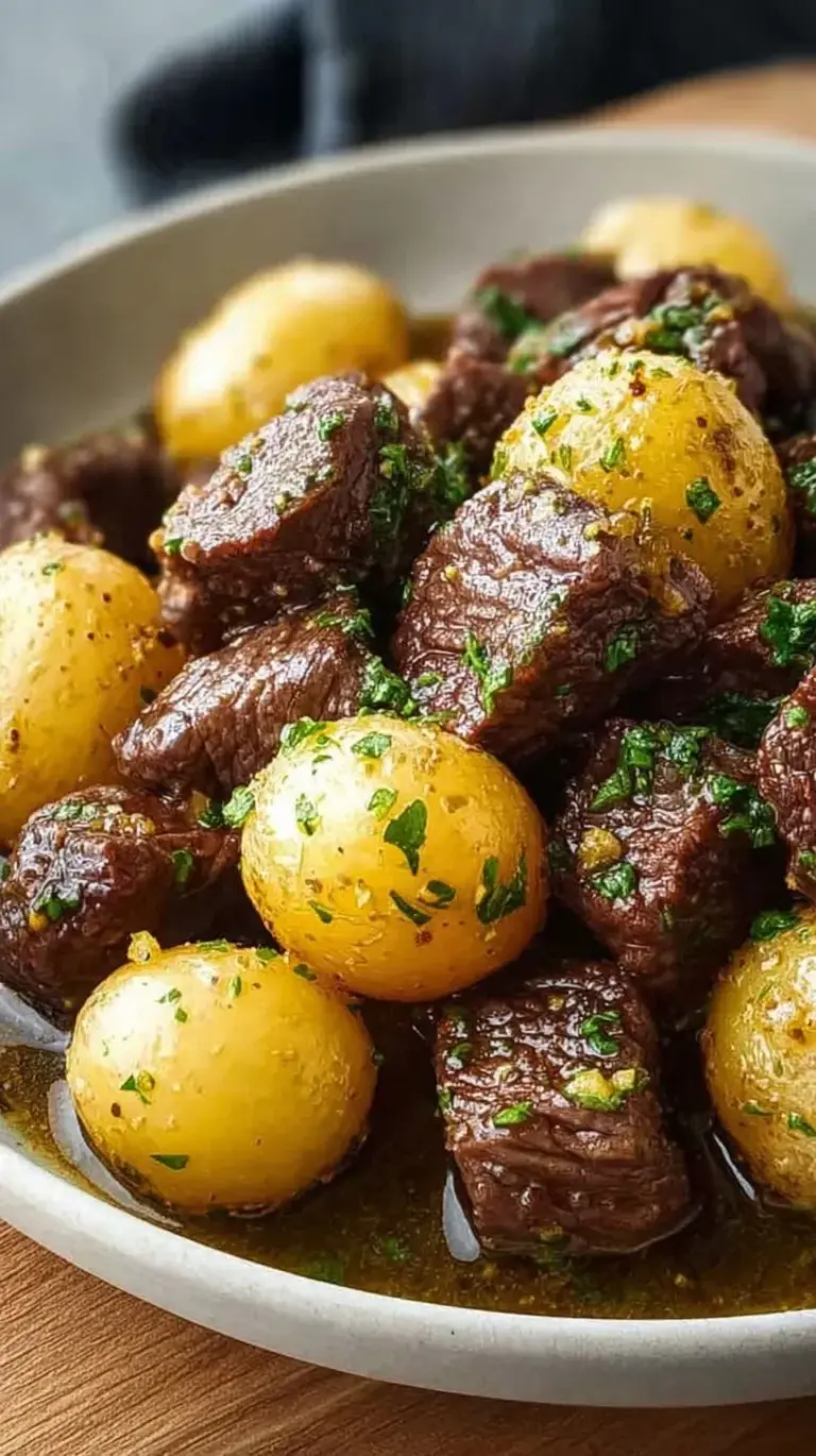 Golden seared beef cubes and crispy Yukon gold potatoes in a cast iron skillet with garlic butter and fresh parsley.