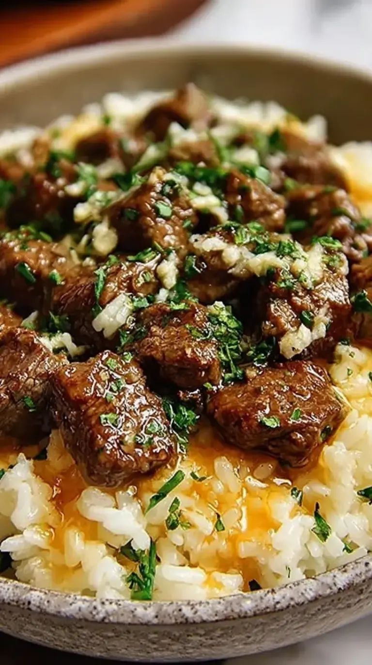A steaming skillet of Garlic Butter Beef Rice garnished with fresh green onions
