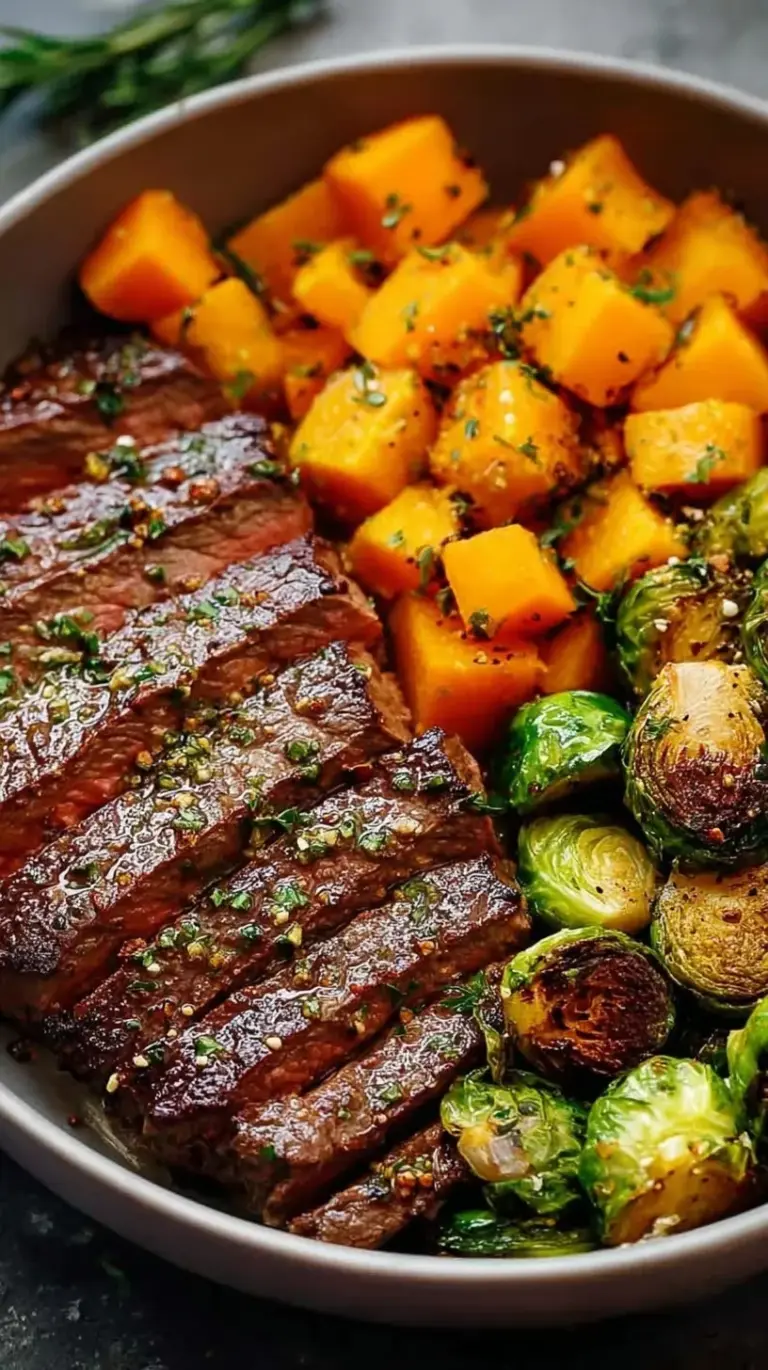 Pan-seared garlic butter steak served with roasted Brussels sprouts and butternut squash cubes.