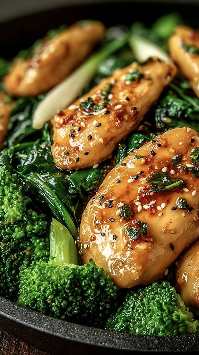 A colorful stir-fry with golden chicken pieces, green broccoli, and wilted spinach in a skillet.