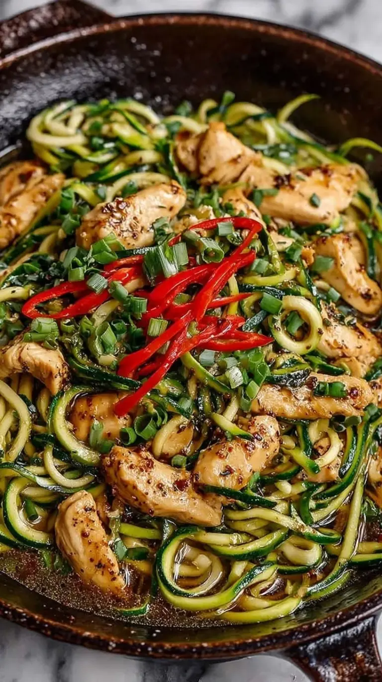 A colorful stir fry featuring golden chicken pieces and vibrant zucchini noodles in a garlic sauce.