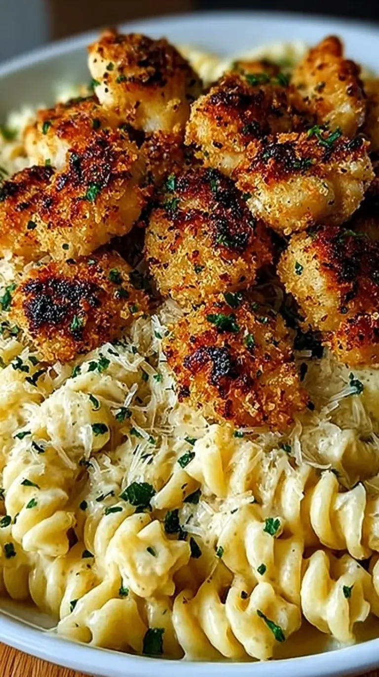 Golden chicken bites and rotini pasta tossed in a creamy garlic parmesan sauce with fresh parsley.