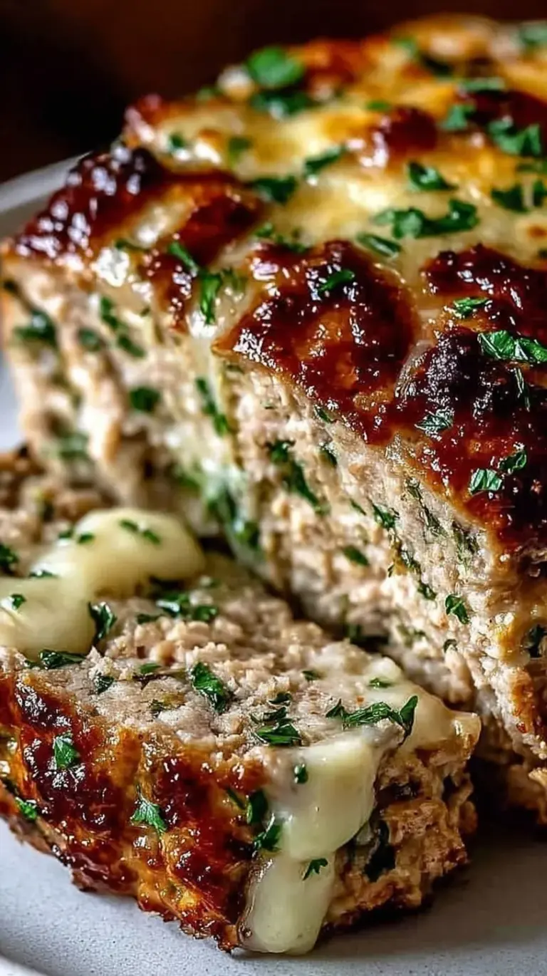 A sliced Garlic Parmesan Chicken Meatloaf in a loaf pan showing a juicy texture and fresh herbs.
