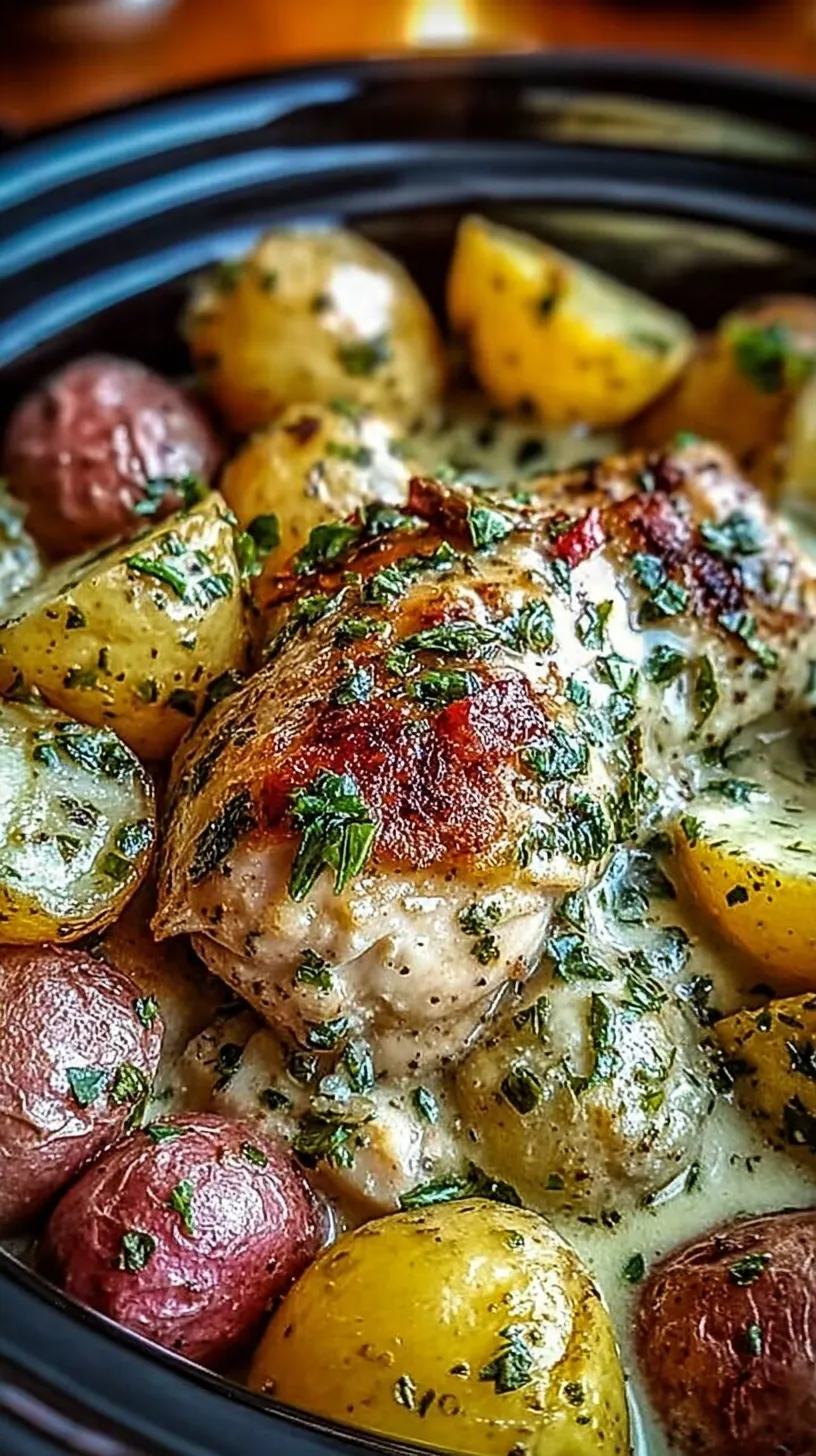 Slow cooker filled with cubed chicken and red potatoes coated in garlic parmesan seasoning and fresh parsley.