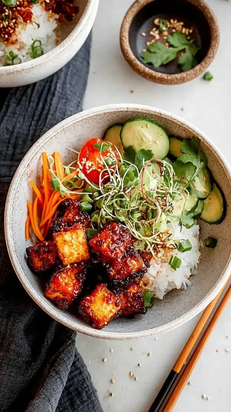 Crispy cubed tofu glazed in a red spicy gochujang sauce with green scallions and sesame seeds