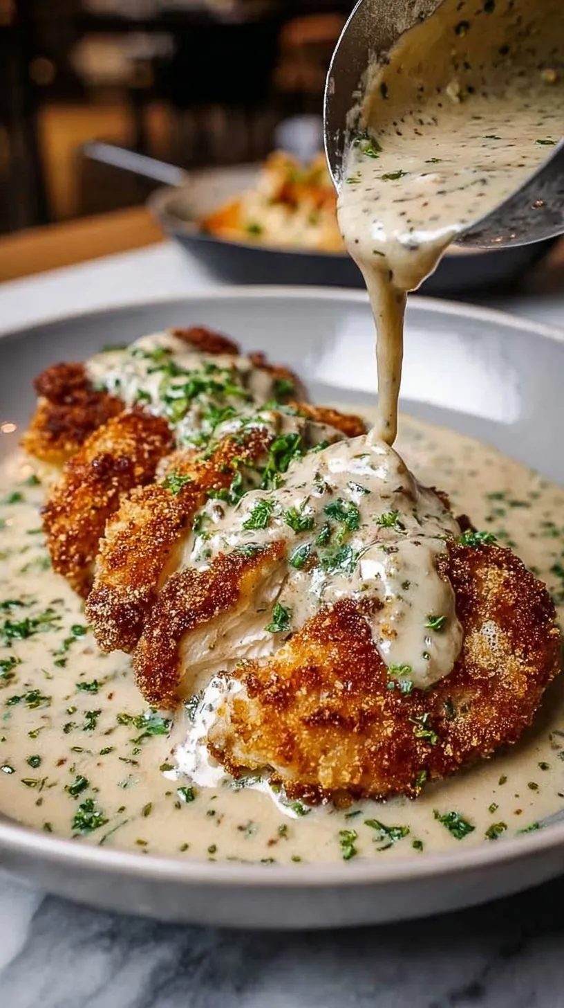 Pan-seared Golden Parmesan Chicken cutlets drizzled with a white garlic cream sauce and topped with fresh parsley