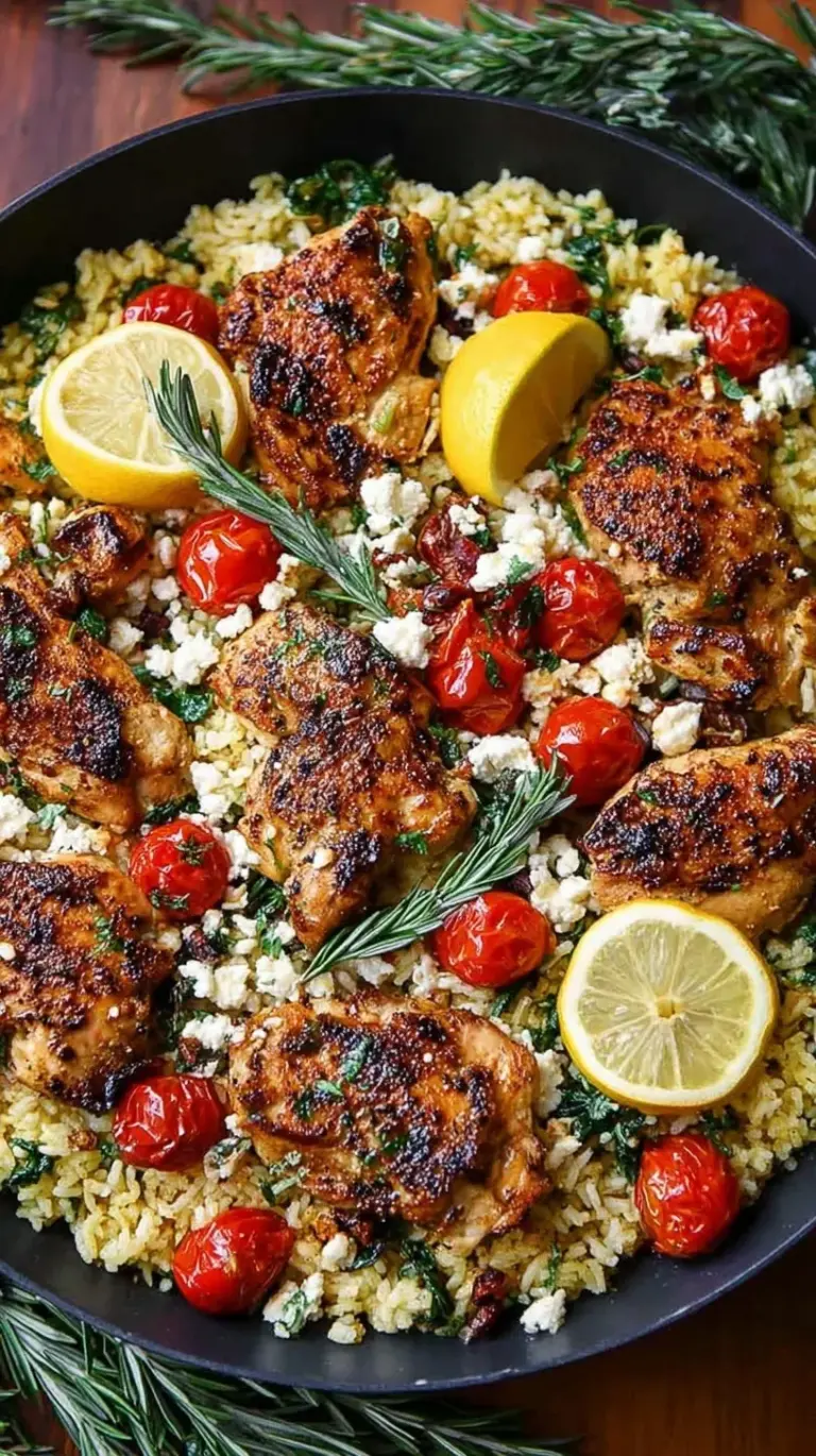 A skillet filled with golden chicken pieces, fluffy lemon rice, fresh parsley, and crumbled feta cheese.