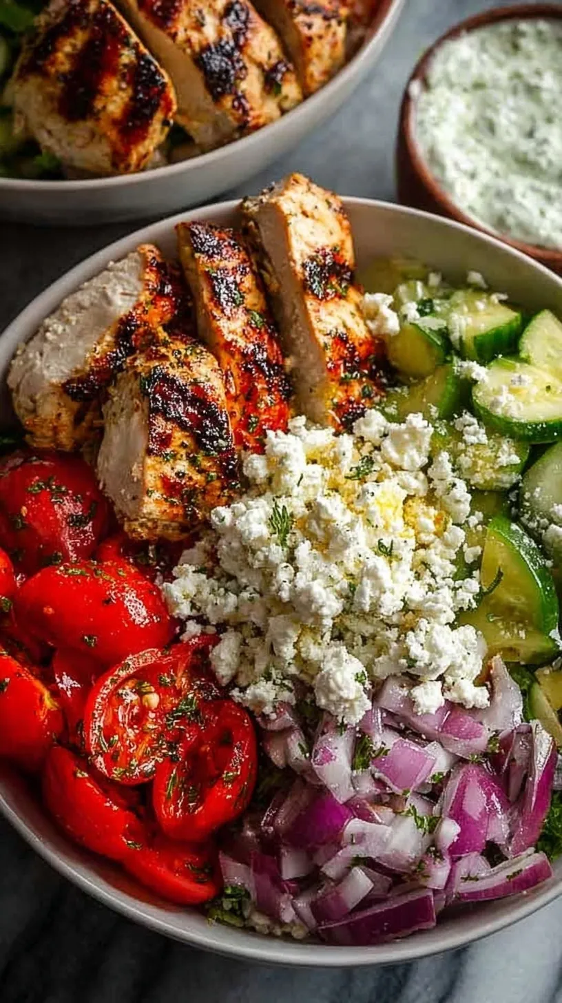 A vibrant Greek Chicken Bowl with grilled oregano chicken, lemon rice, fresh cucumbers, tomatoes, and creamy tzatziki sauce.