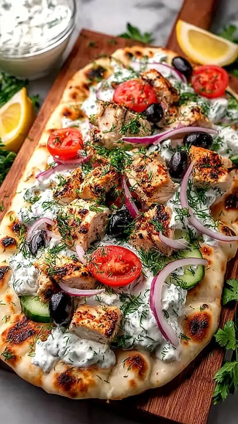 A colorful Greek Chicken Flatbread topped with grilled chicken, cucumbers, tomatoes, and feta cheese.