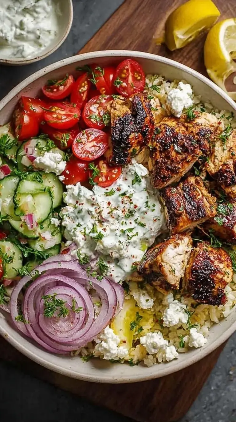 A colorful healthy gyro bowl with grilled chicken, cucumbers, tomatoes, and tzatziki over rice.