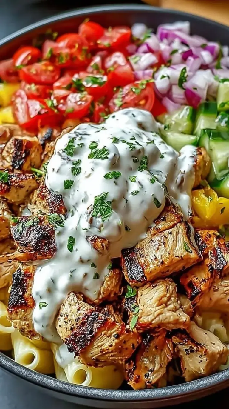 A colorful bowl of Greek Chicken Gyro Pasta with cherry tomatoes, cucumbers, and feta cheese