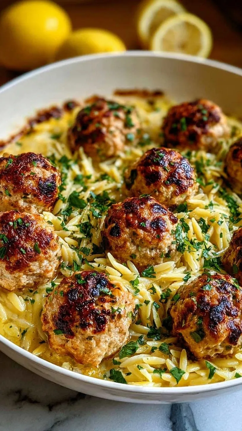 A large skillet filled with golden brown Greek chicken meatballs, creamy lemon orzo, and fresh green spinach.