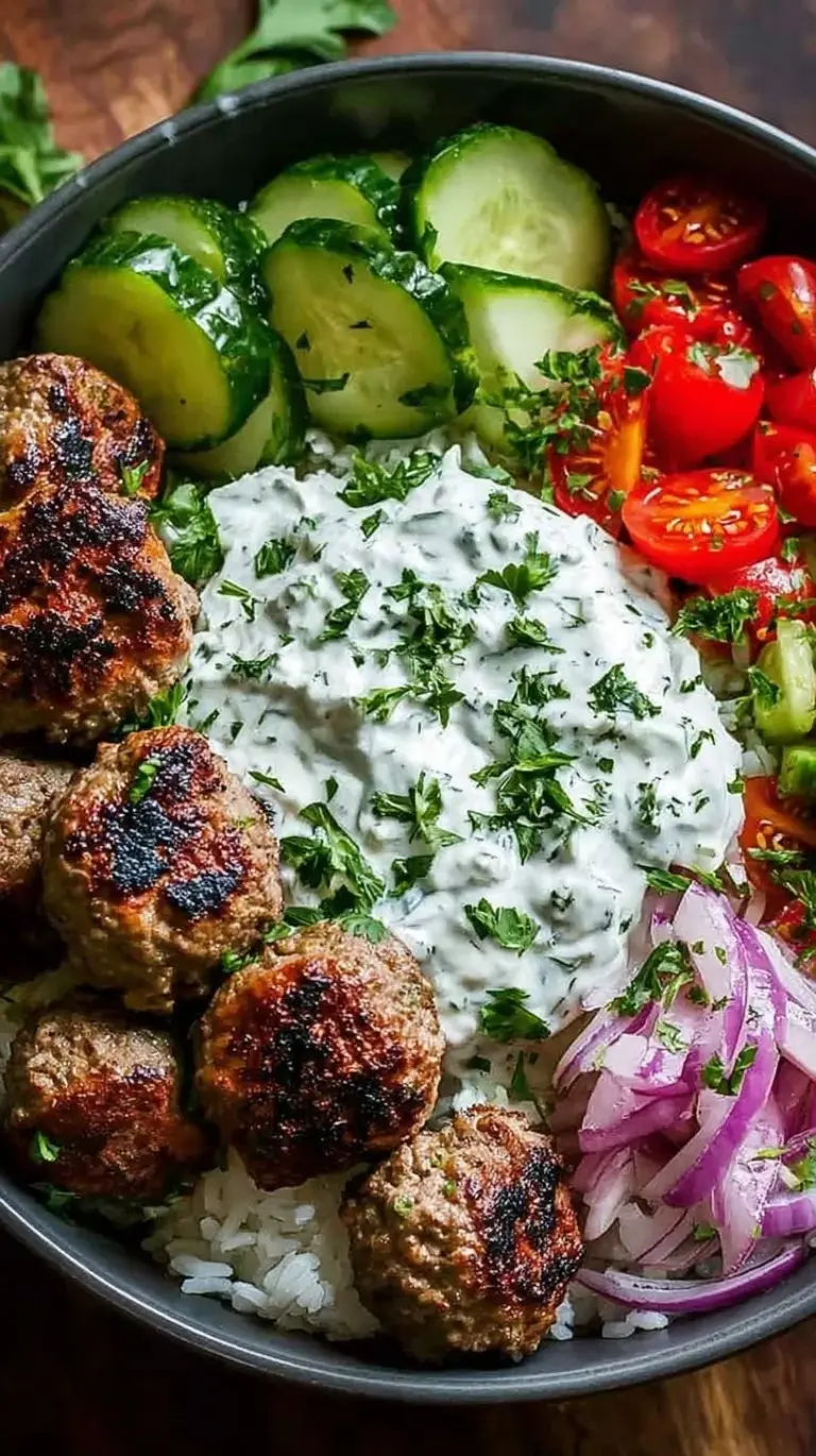 A colorful Greek Meatball Bowl with herbed beef, lemon rice, fresh cucumbers, and creamy tzatziki sauce.