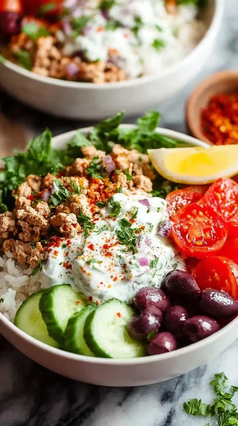 A colorful Greek Turkey Rice Bowl with seasoned turkey, fluffy rice, fresh cucumbers, tomatoes, and a dollop of tzatziki.