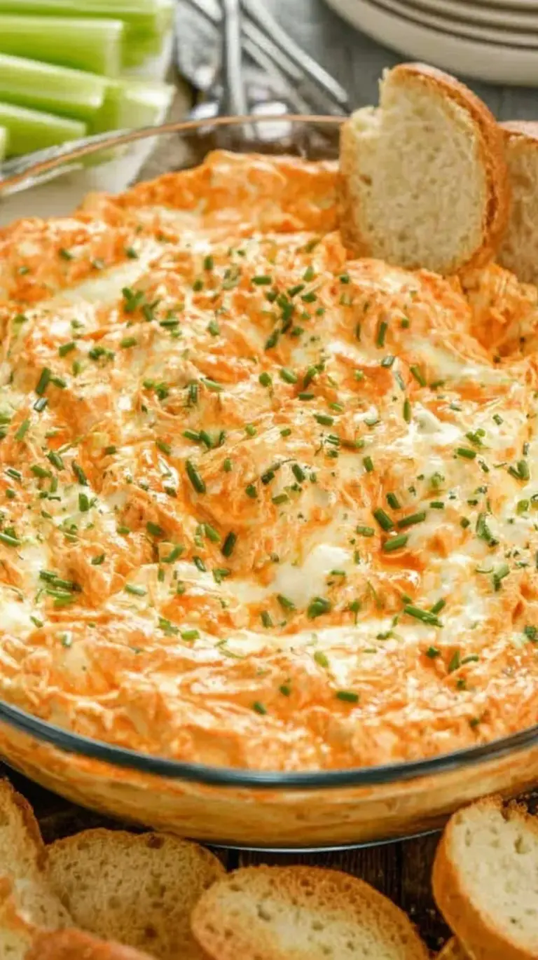A golden, bubbling dish of buffalo chicken dip topped with melted cheese and fresh green chives.