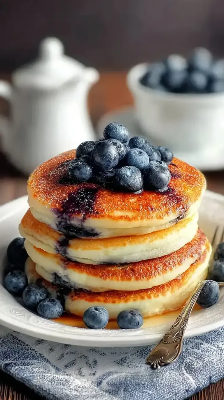 A stack of golden Greek yogurt pancakes topped with fresh blueberries and honey