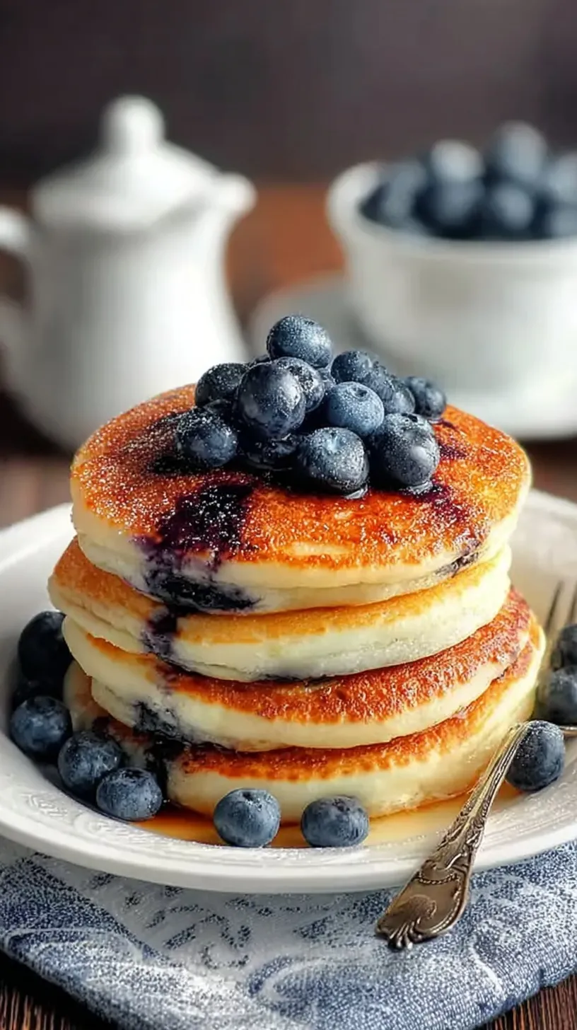 A stack of golden Greek yogurt pancakes topped with fresh blueberries and honey