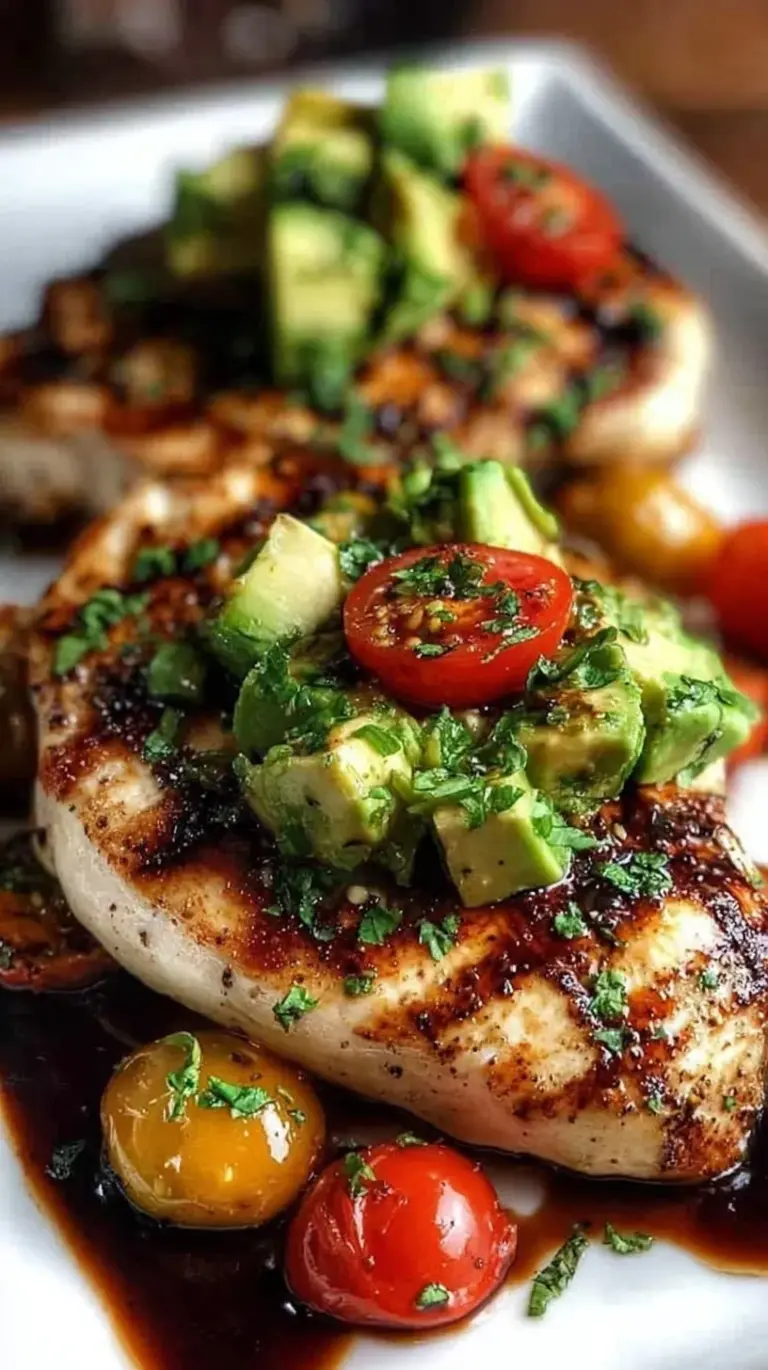 Grilled chicken breast topped with melted mozzarella, sliced avocado, tomato, and balsamic glaze on a platter