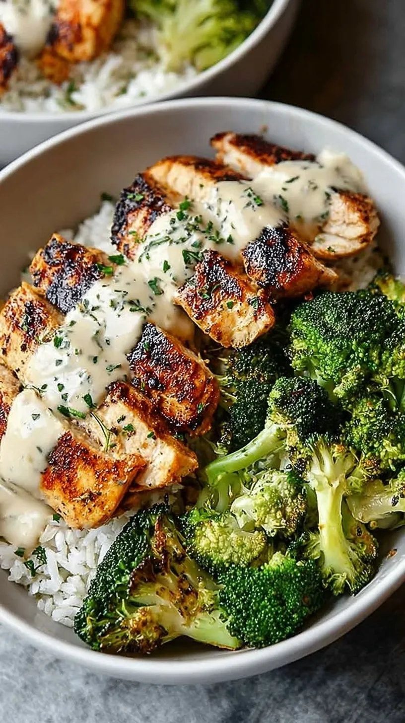 Grilled chicken cubes and steamed broccoli over white rice drizzled with creamy white garlic sauce in a dark bowl