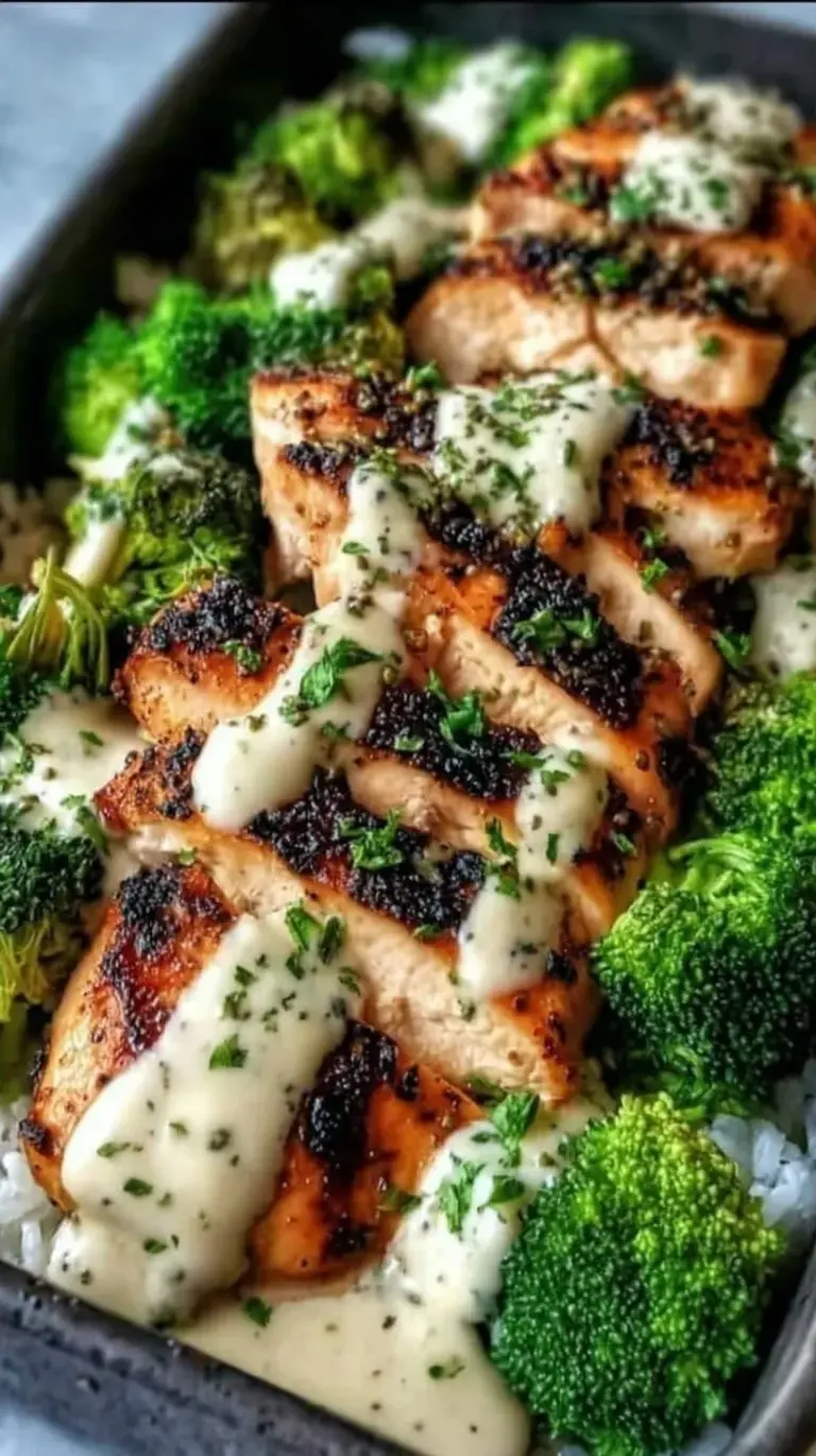 Four meal prep bowls filled with sliced grilled chicken, bright green broccoli, and rice drizzled with white garlic sauce.