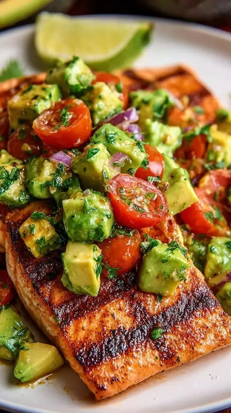 A perfectly grilled salmon fillet topped with a colorful mound of green avocado salsa and red onions on a white plate.