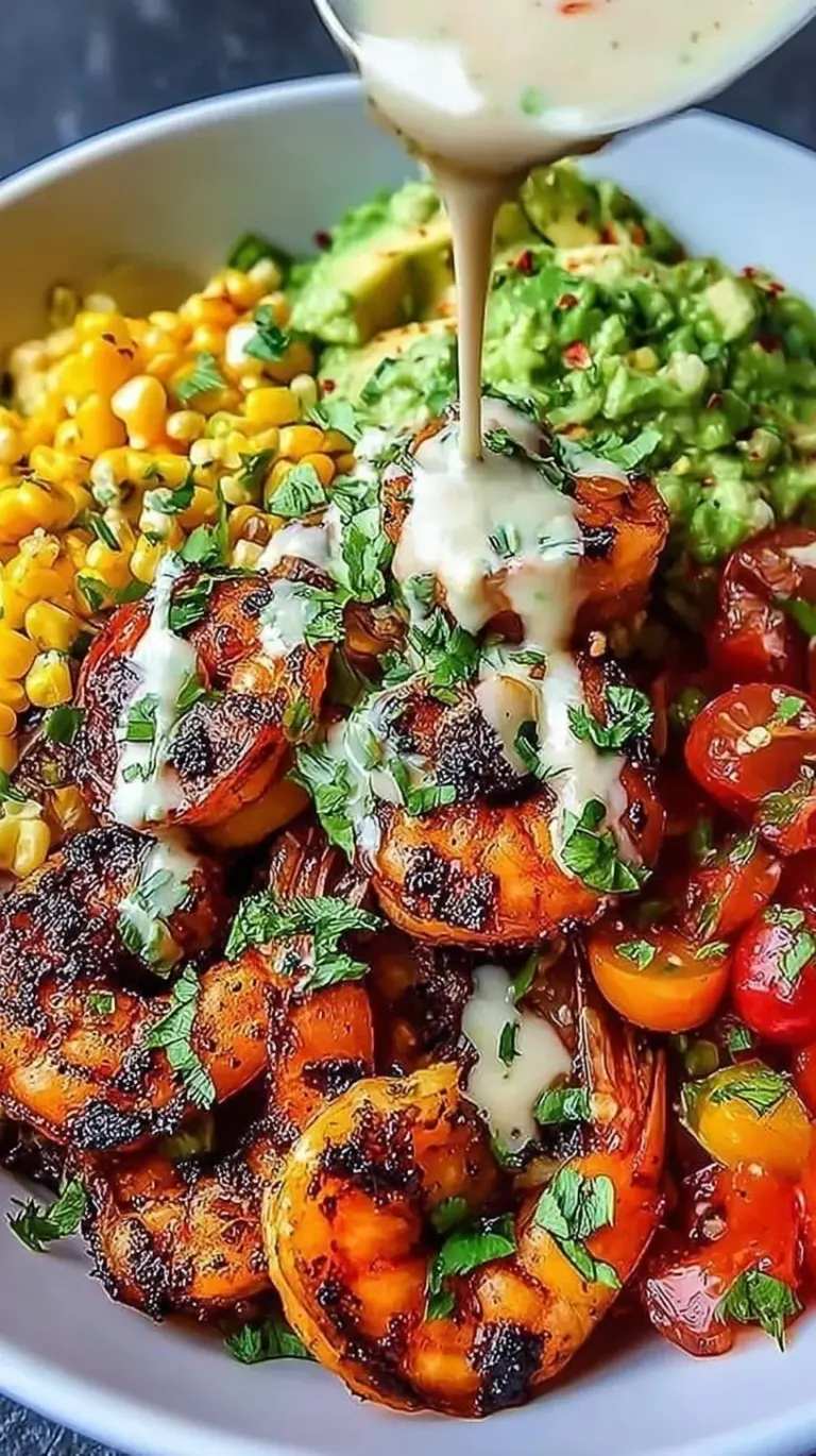 A colorful grilled shrimp bowl with white rice, charred corn salsa, and creamy white sauce drizzle
