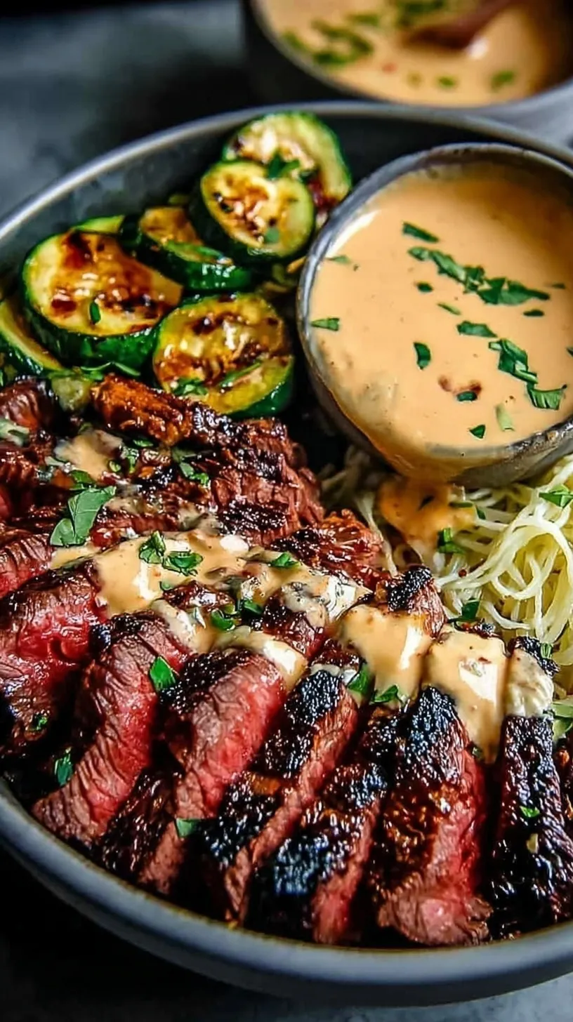 A colorful steak bowl with grilled flank steak, black beans, corn, and creamy green sauce.