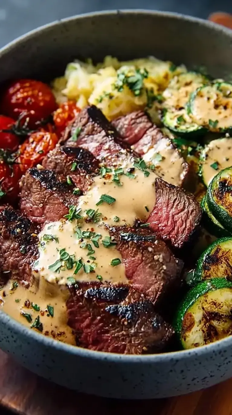 A colorful grilled steak bowl with sliced flank steak, charred zucchini rounds, and jasmine rice topped with white garlic sauce.