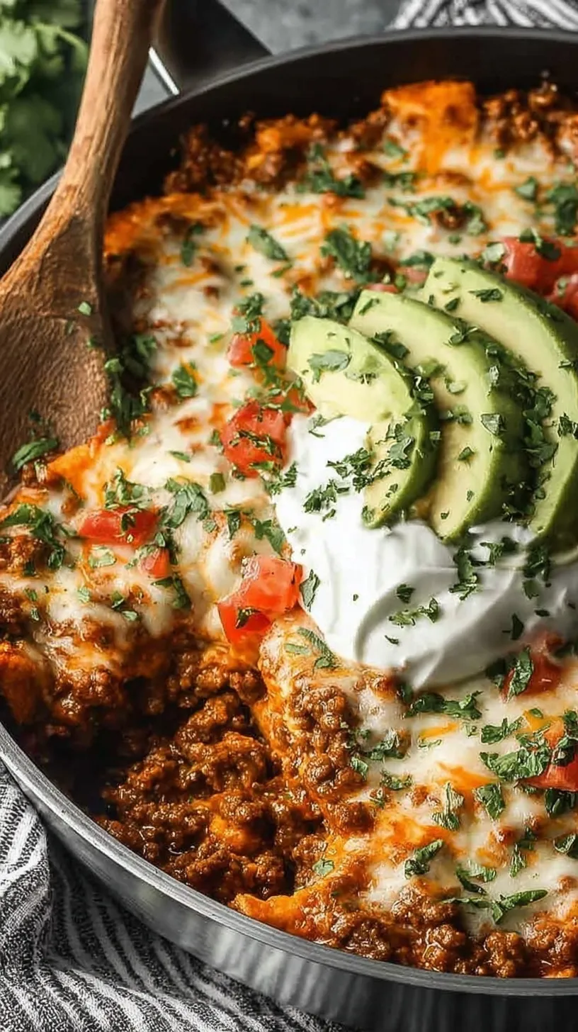 A bubbling skillet of ground beef enchiladas with melted cheese and fresh cilantro