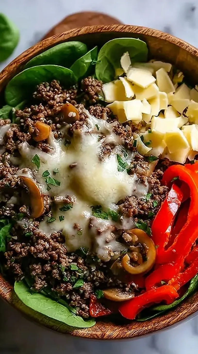 A colorful bowl filled with seasoned ground beef, sautéed green peppers, onions, and melted provolone cheese.
