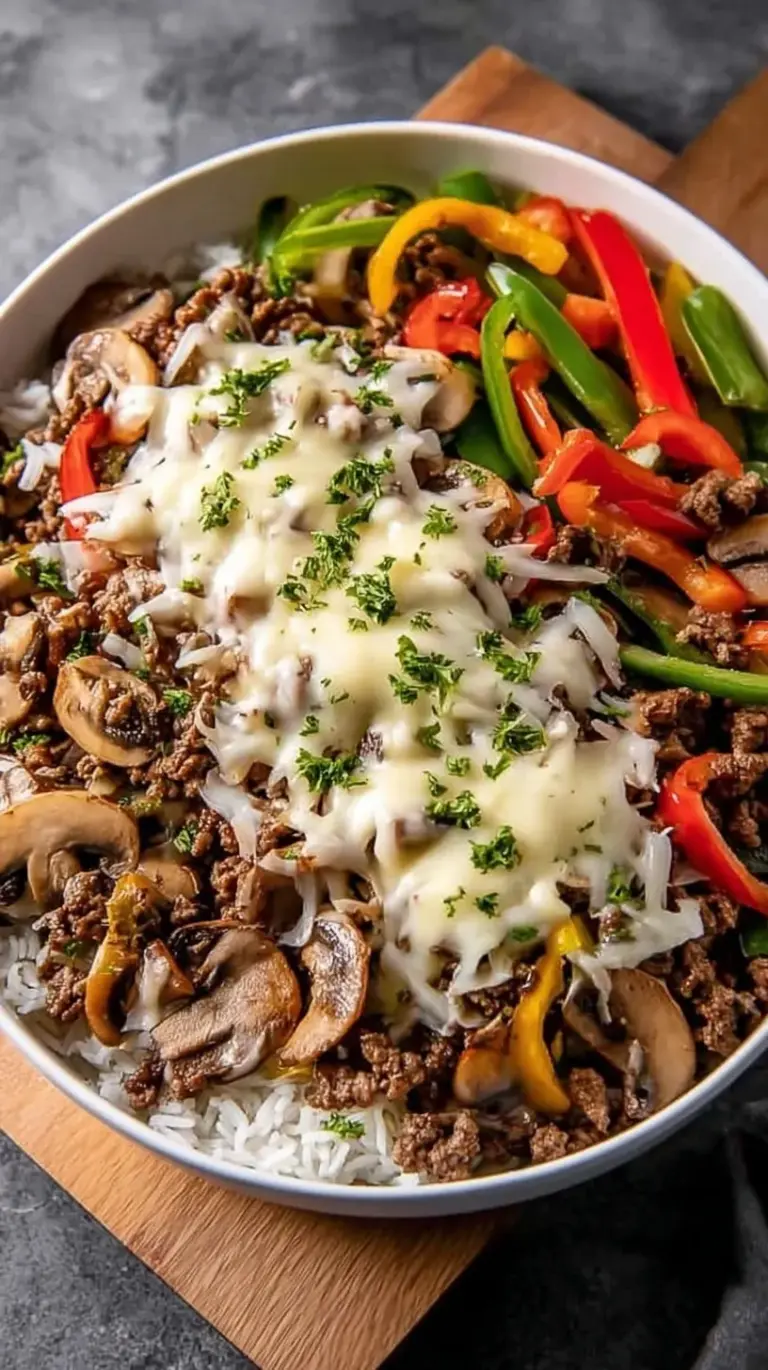Four meal prep containers filled with ground beef, sautéed green peppers, onions, and melted provolone cheese.