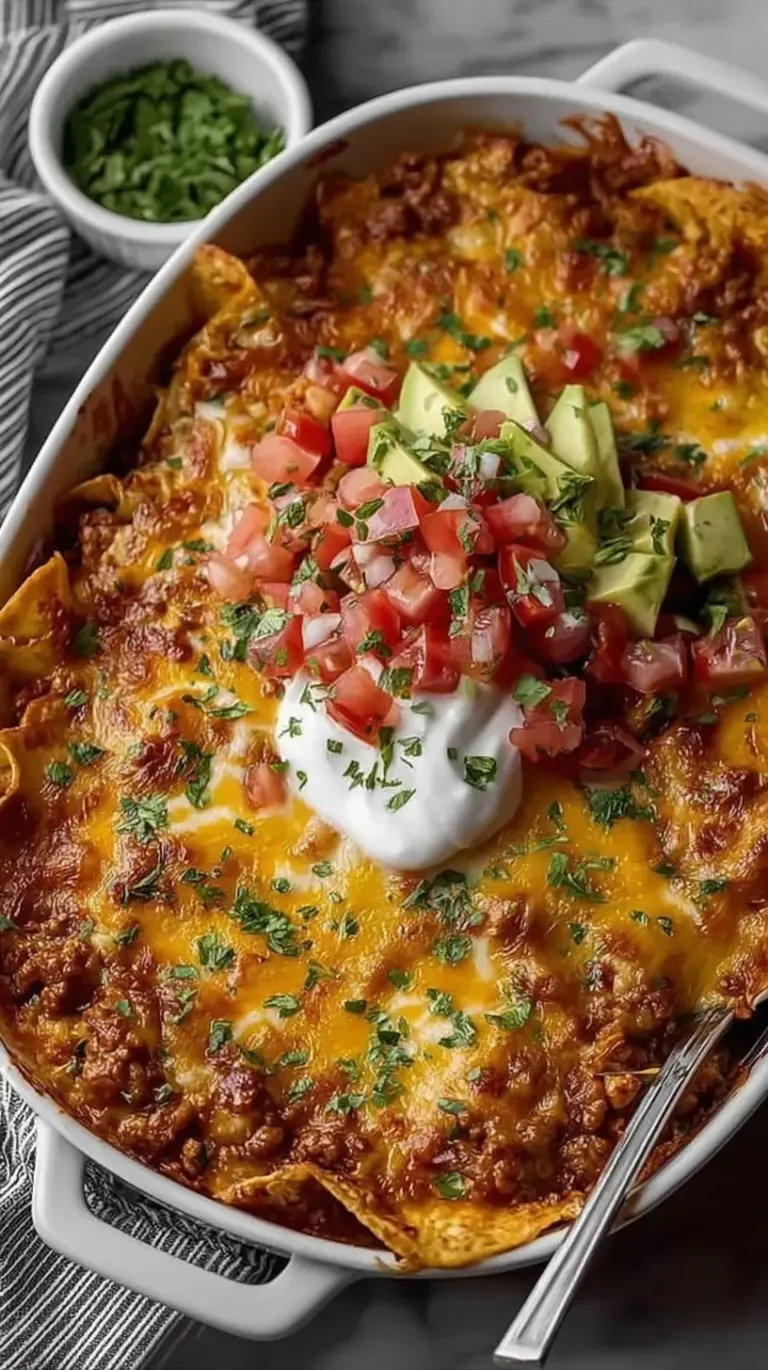 A golden Ground Chicken Taco Casserole topped with melted cheese and crunchy chips in a baking dish.