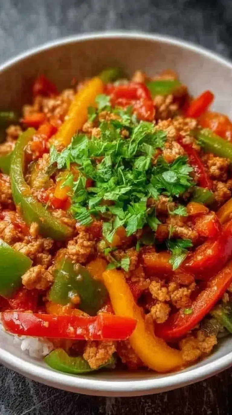 A colorful ground turkey skillet with red, yellow, and green bell peppers in a black pan.