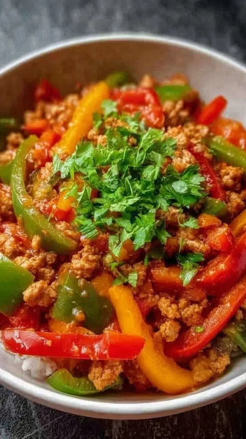 A colorful ground turkey skillet with red, yellow, and green bell peppers in a black pan.