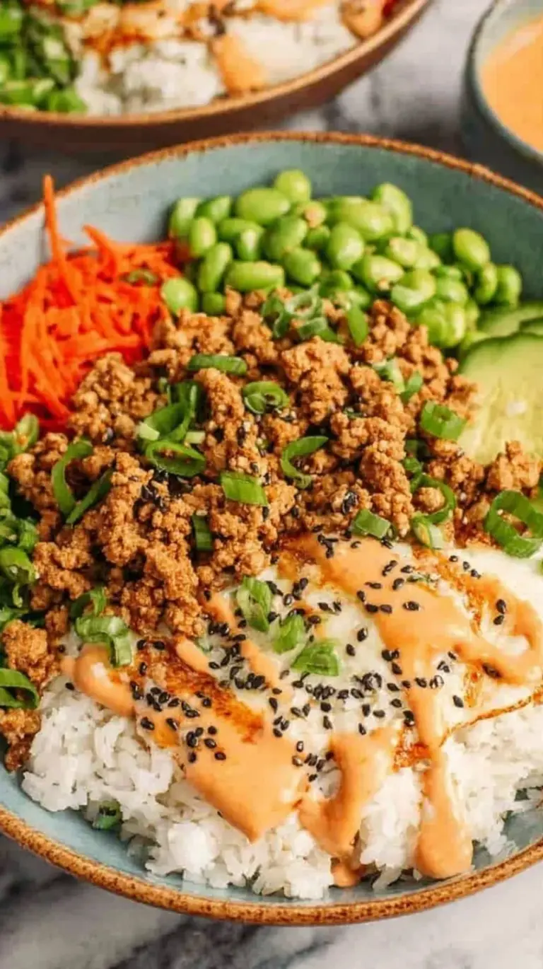 Colorful ground turkey rice bowls with bell peppers and green onions