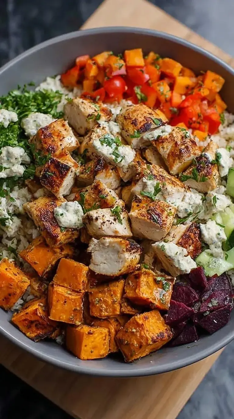 A colorful healthy chicken and sweet potato bowl with roasted broccoli and brown rice garnished with fresh parsley.