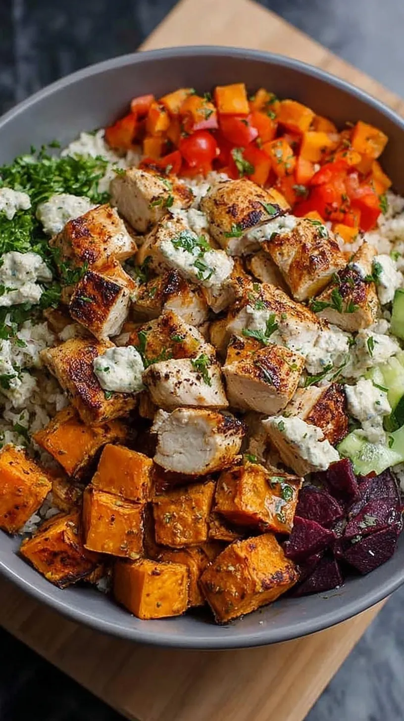 A colorful healthy chicken and sweet potato bowl with roasted broccoli and brown rice garnished with fresh parsley.