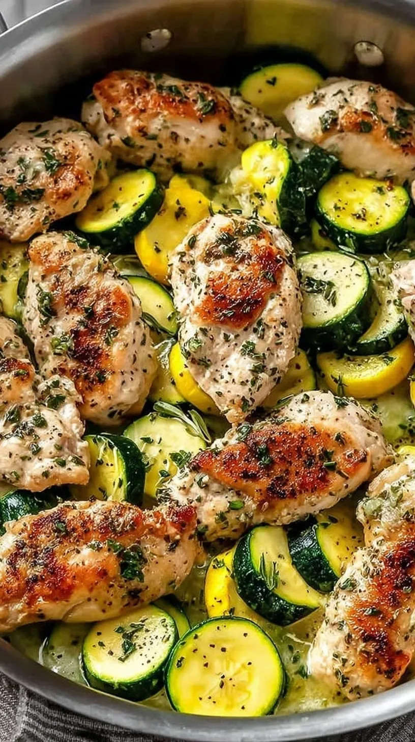 A colorful skillet filled with golden chicken cubes, green zucchini, and yellow squash garnished with fresh parsley.