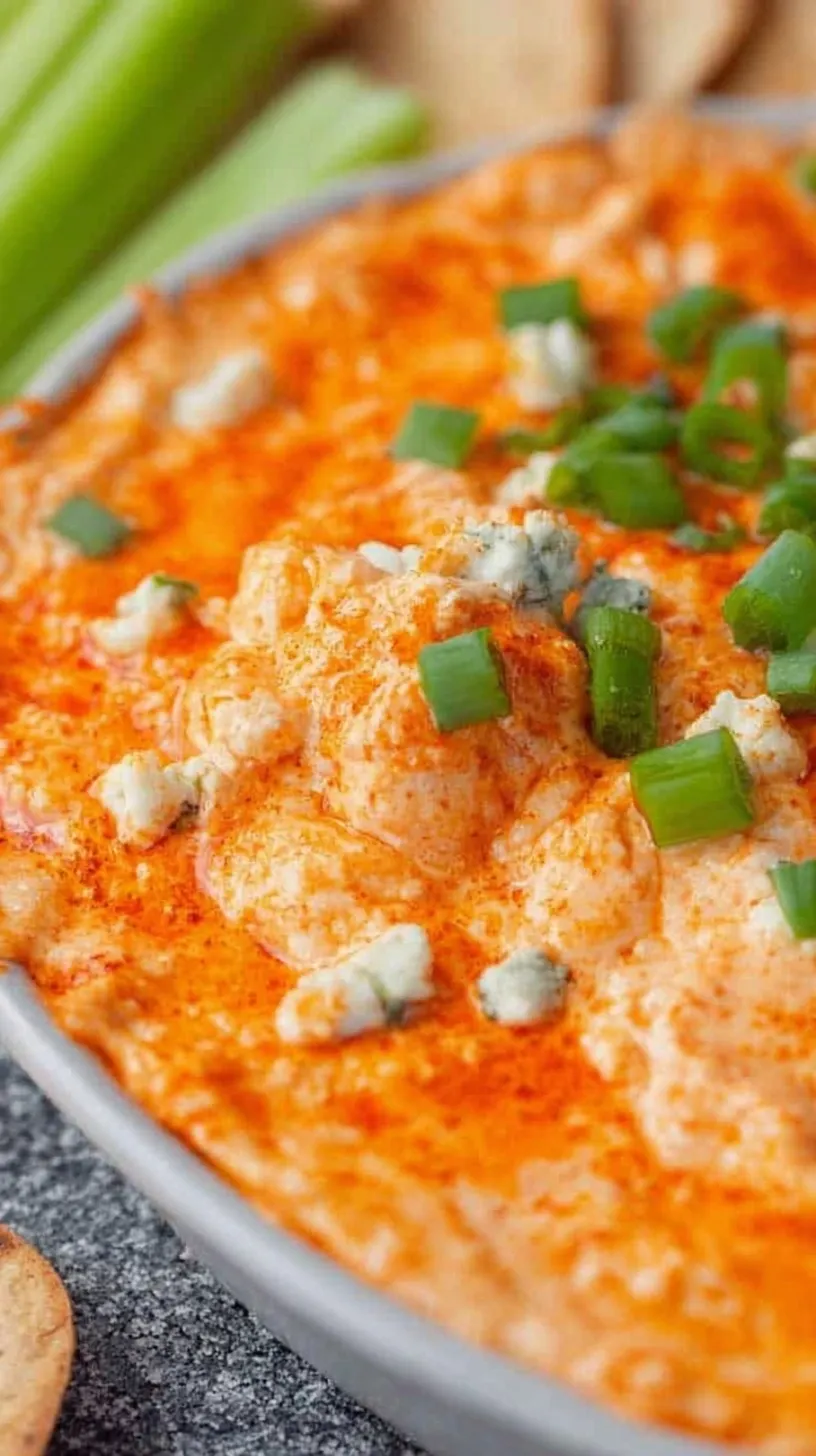 A bubbling dish of healthy buffalo chicken dip topped with melted cheese and green onions