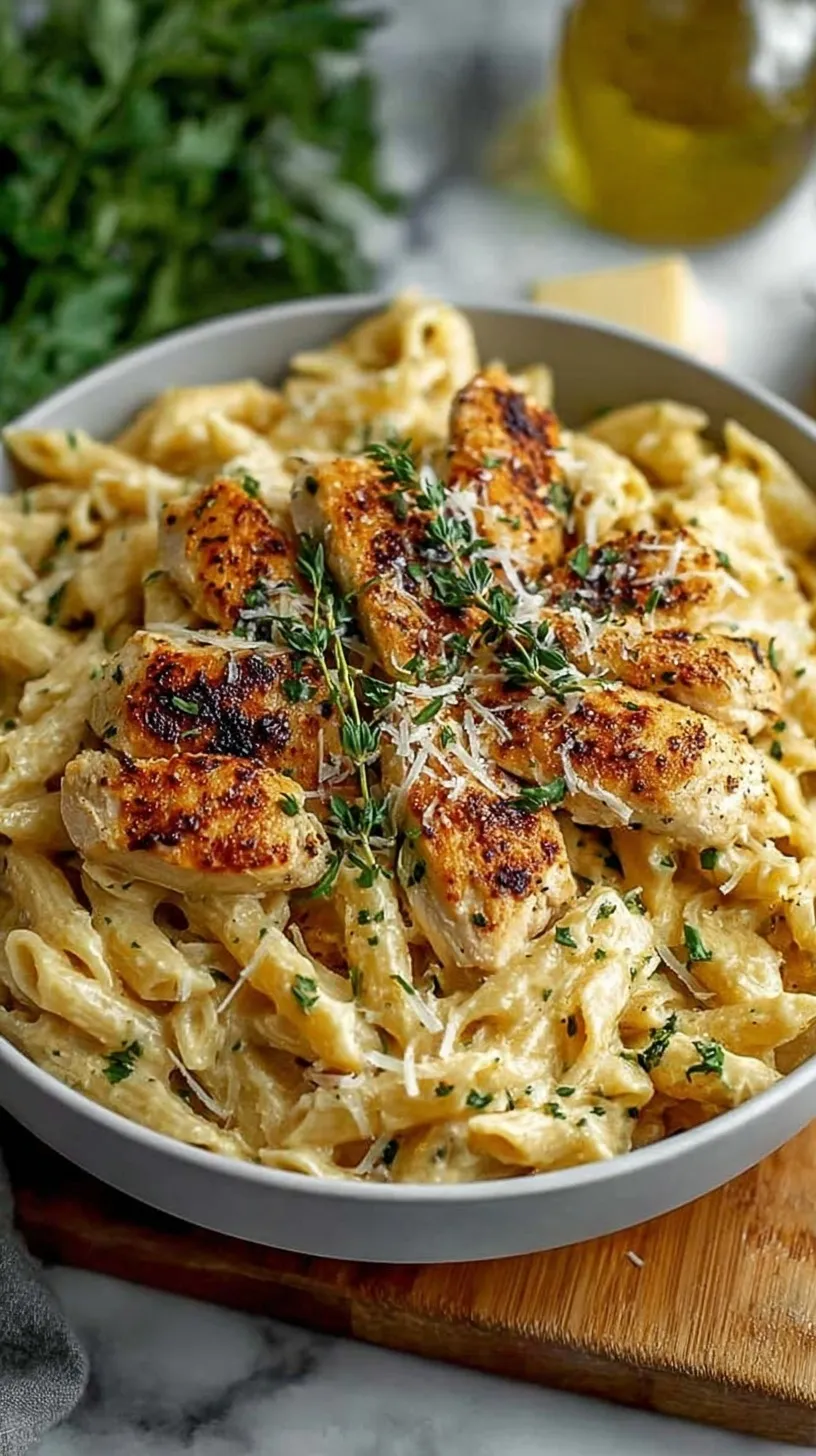 A bowl of Healthy Garlic Parmesan Chicken Pasta with seared chicken and spinach